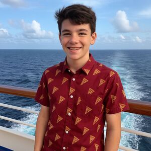 Wurl Boy's Red Christmas Shirt Cruise Pizza Slice Christmas Trees Button Size XL